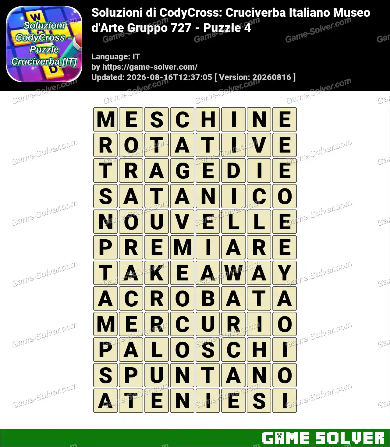 Soluzioni di CodyCross: Cruciverba Italiano Museo d’Arte Gruppo 727 – Puzzle 4